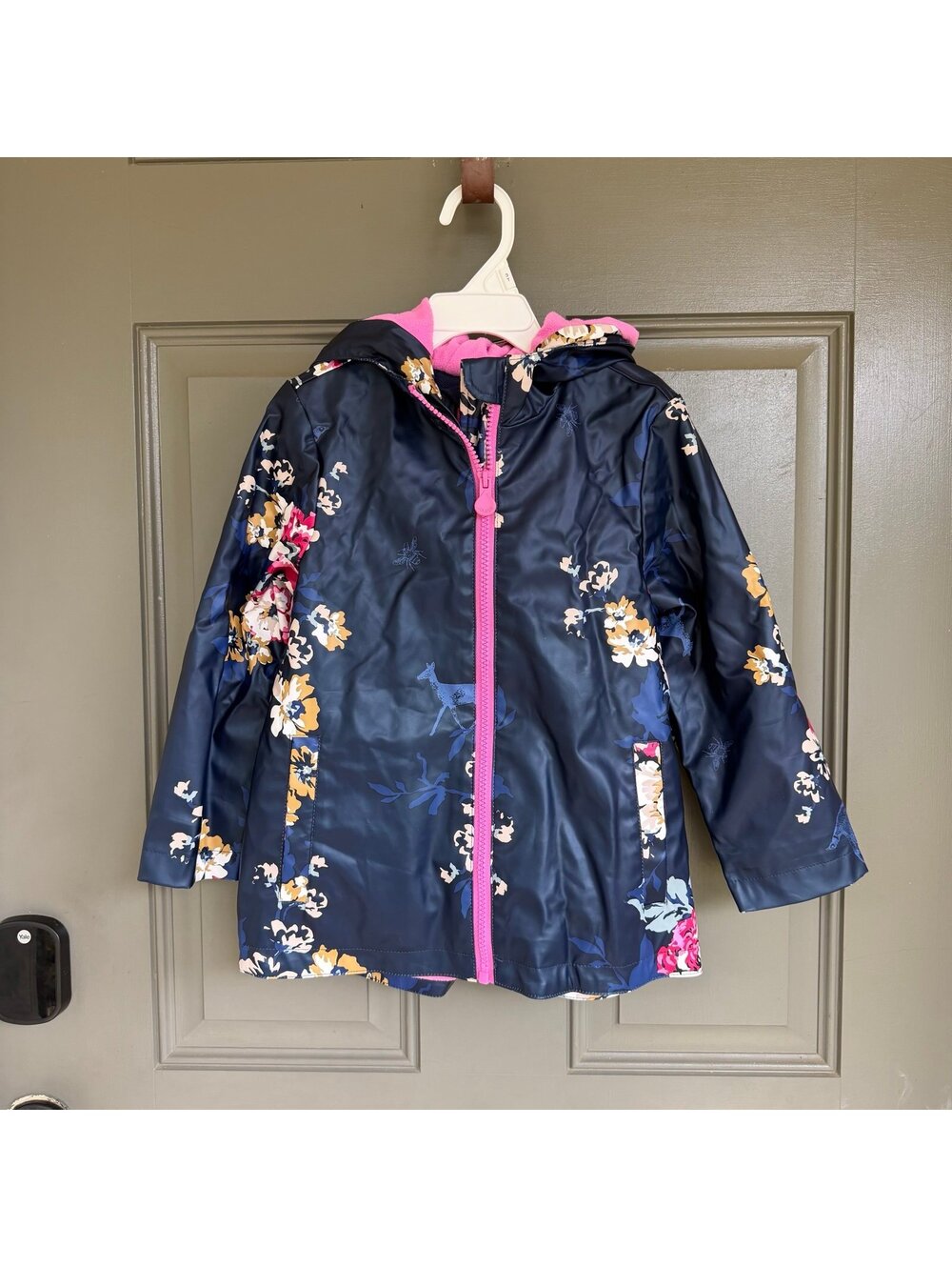 Joules Kids Raindance Waterproof Fleece Lined Floral Raincoat Navy Pink 5y
